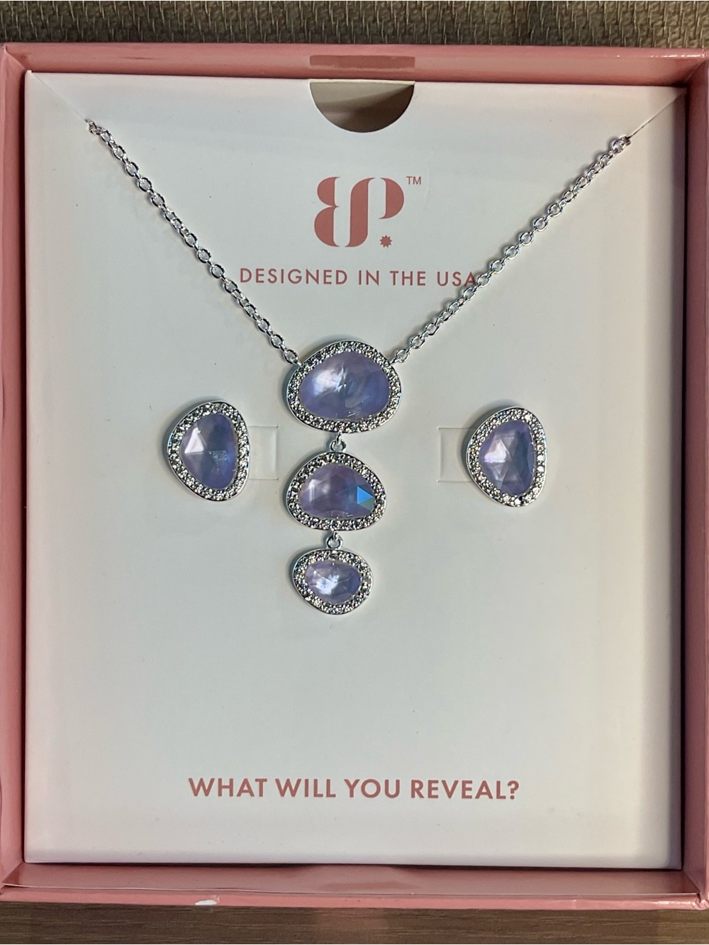 NWT Bomb Party Simply Sets Lavender Crystal Pendant Necklace & Stud Earrings Set